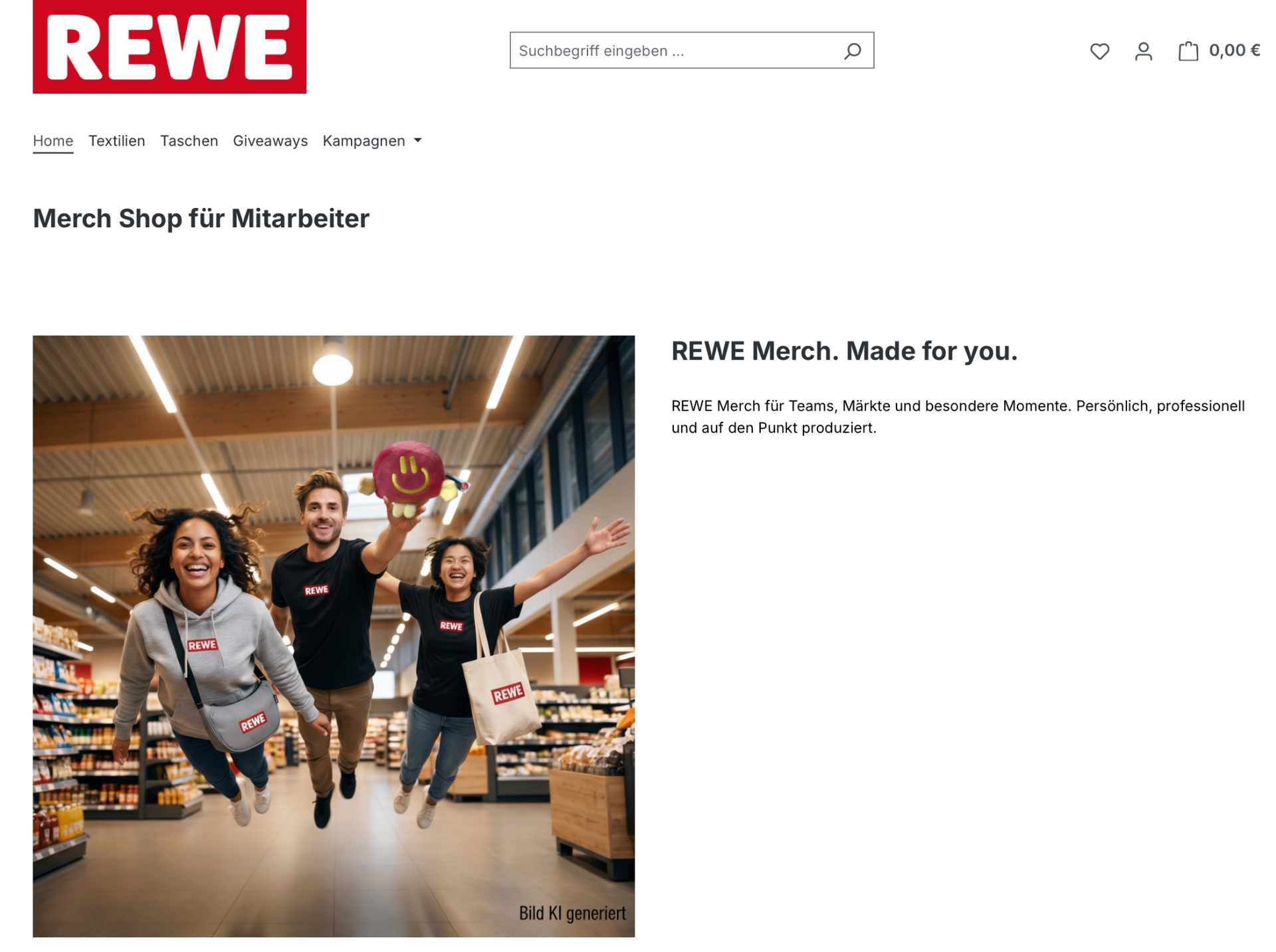 REWE Merch – Mitarbeitende mit Hoodie, T-Shirt und Tote Bag im Markt